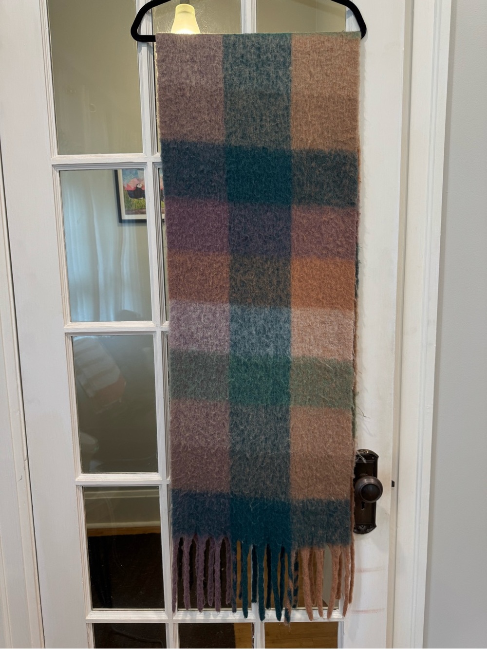 Dynamite Plaid Fringe Scarf in Teal, Brown & Mauve